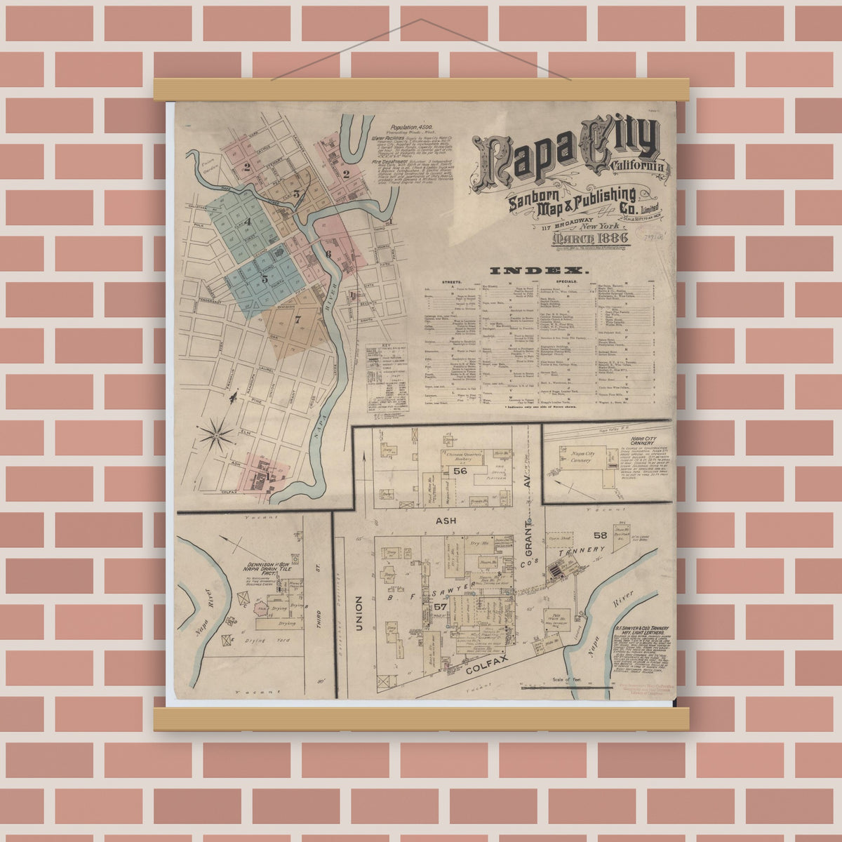 Old map wall art mockup — magnetic wood frame on brick wall — Sanborn Fire Insurance Map from Napa, Napa County, California (1886), Sheet #0001