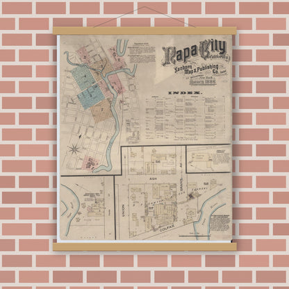 Old map wall art mockup — magnetic wood frame on brick wall — Sanborn Fire Insurance Map from Napa, Napa County, California (1886), Sheet #0001