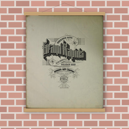 Old map wall art mockup — magnetic wood frame on brick wall — Sanborn Fire Insurance Map from Grand Rapids, Kent County, Michigan (1912), Sheet #0001