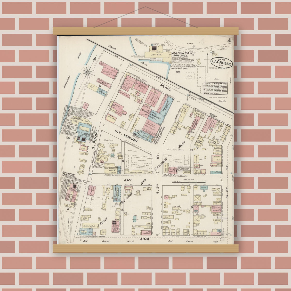 Old map wall art mockup — magnetic wood frame on brick wall — Sanborn Fire Insurance Map from La Crosse, La Crosse County, Wisconsin (1884), Sheet #0004