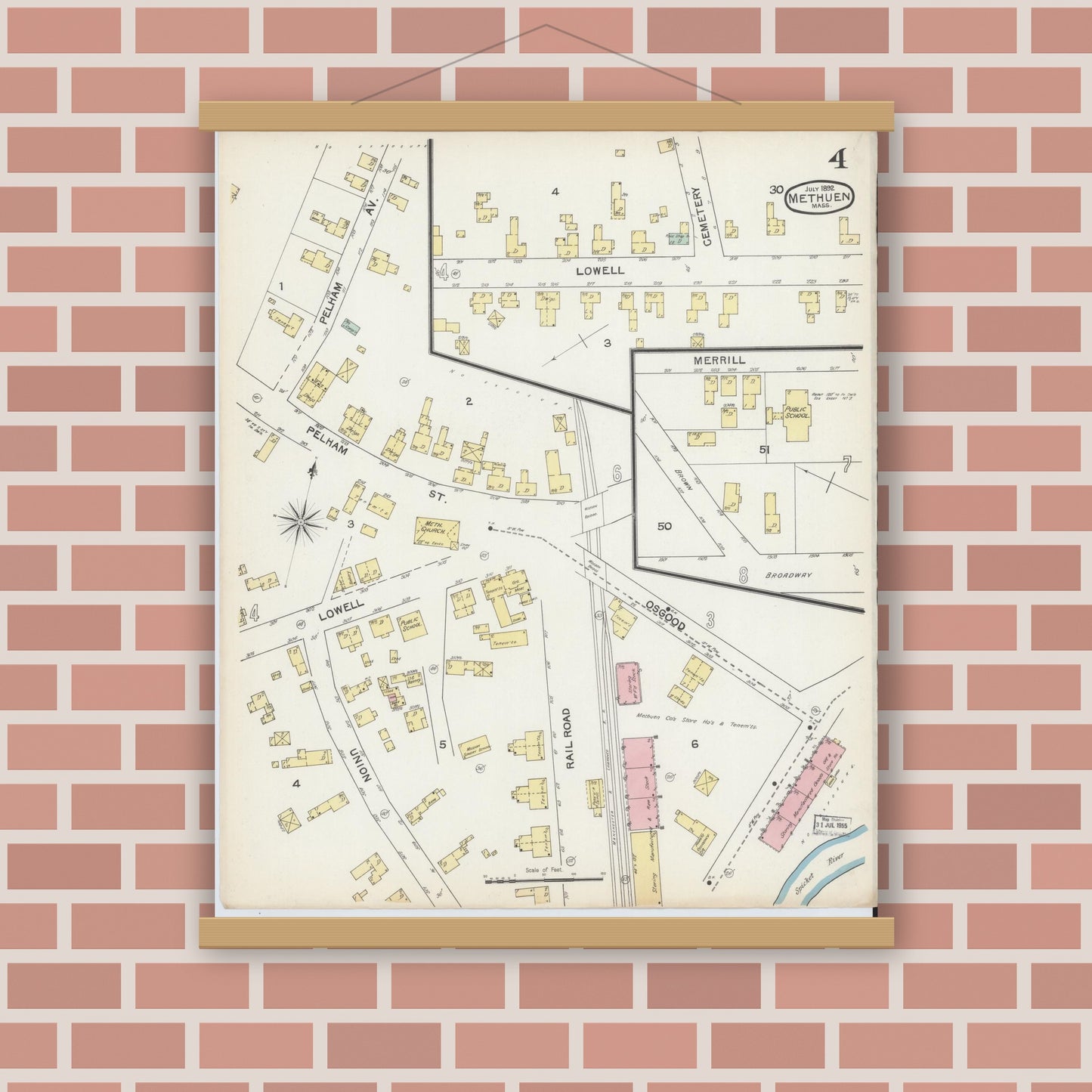 Old map wall art mockup — magnetic wood frame on brick wall — Sanborn Fire Insurance Map from Methuen, Essex County, Massachusetts (1892), Sheet #0004