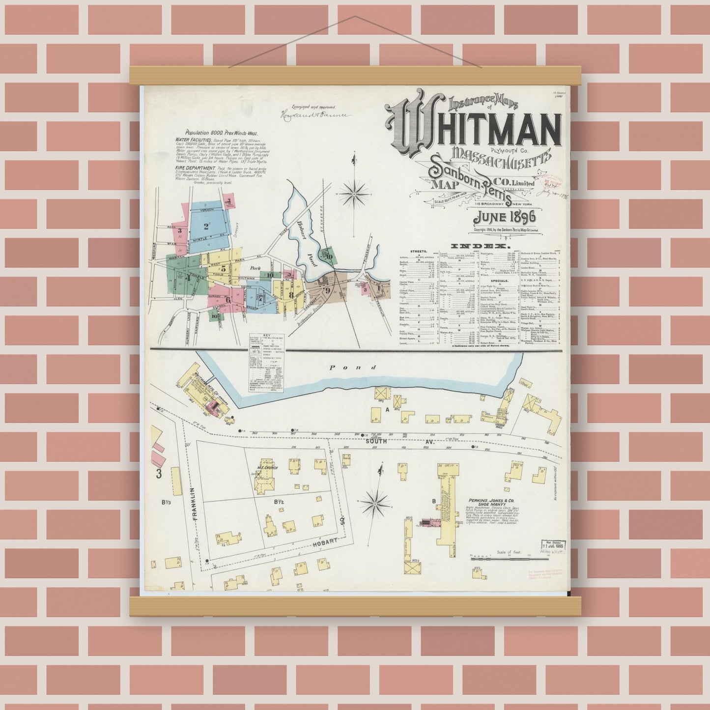 Old map wall art mockup — magnetic wood frame on brick wall — Sanborn Fire Insurance Map from Whitman, Plymouth County, Massachusetts (1896) - Complete Map Set