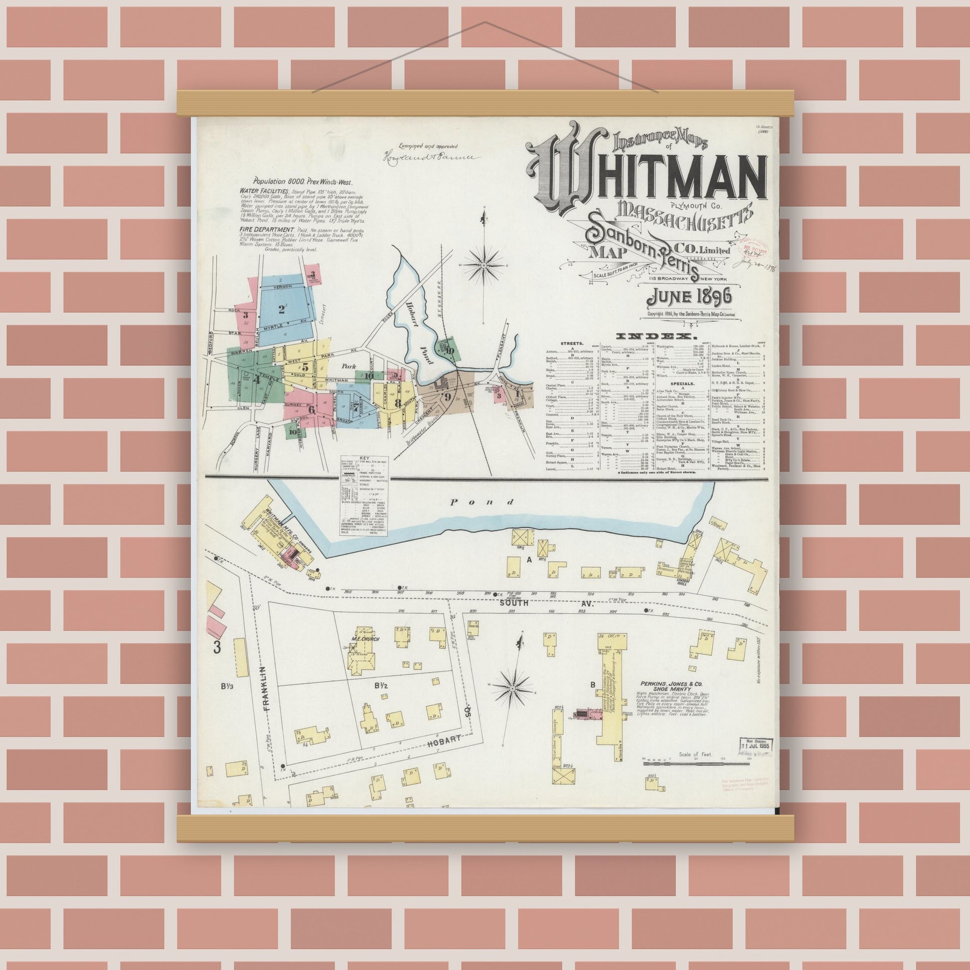 Old map wall art mockup — magnetic wood frame on brick wall — Sanborn Fire Insurance Map from Whitman, Plymouth County, Massachusetts (1896) - Complete Map Set