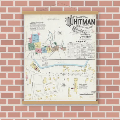 Old map wall art mockup — magnetic wood frame on brick wall — Sanborn Fire Insurance Map from Whitman, Plymouth County, Massachusetts (1896) - Complete Map Set