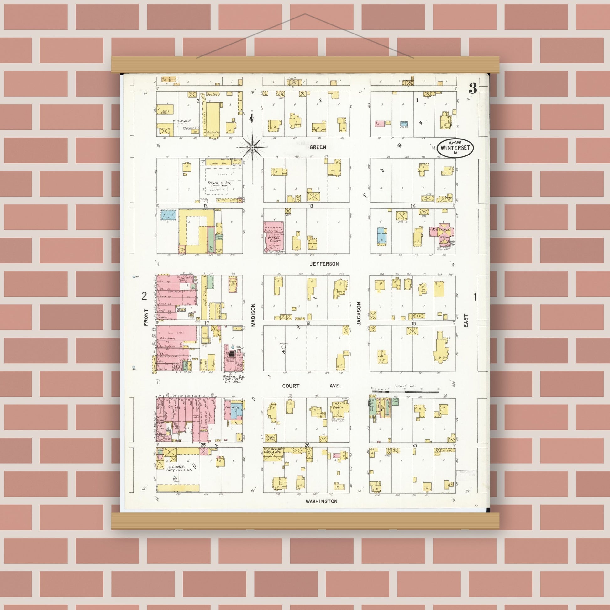 Old map wall art mockup — magnetic wood frame on brick wall — Sanborn Fire Insurance Map from Winterset, Madison County, Iowa (1899), Sheet #0003