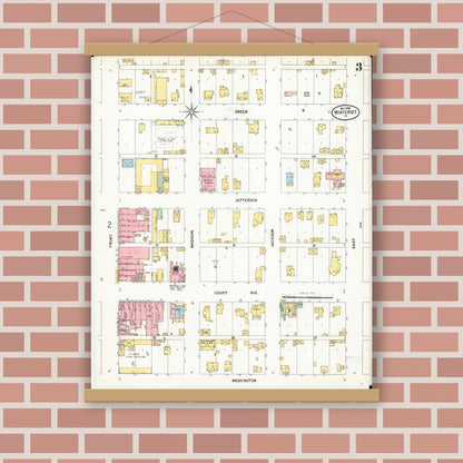 Old map wall art mockup — magnetic wood frame on brick wall — Sanborn Fire Insurance Map from Winterset, Madison County, Iowa (1899), Sheet #0003