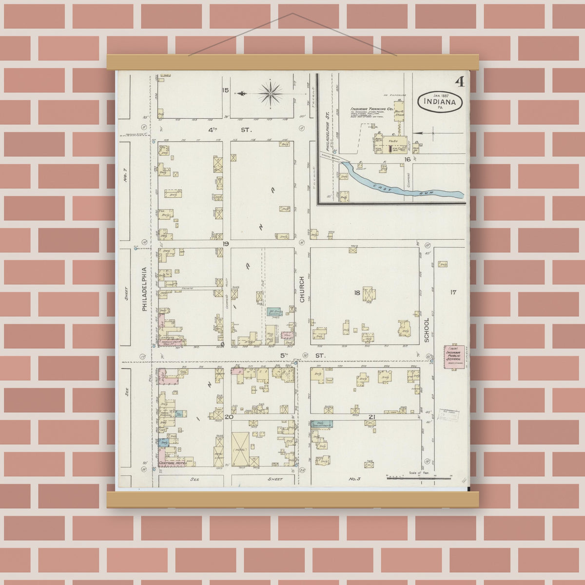 Old map wall art mockup — magnetic wood frame on brick wall — Sanborn Fire Insurance Map from Indiana, Indiana County, Pennsylvania (1887), Sheet #0004