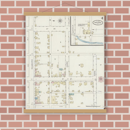 Old map wall art mockup — magnetic wood frame on brick wall — Sanborn Fire Insurance Map from Indiana, Indiana County, Pennsylvania (1887), Sheet #0004