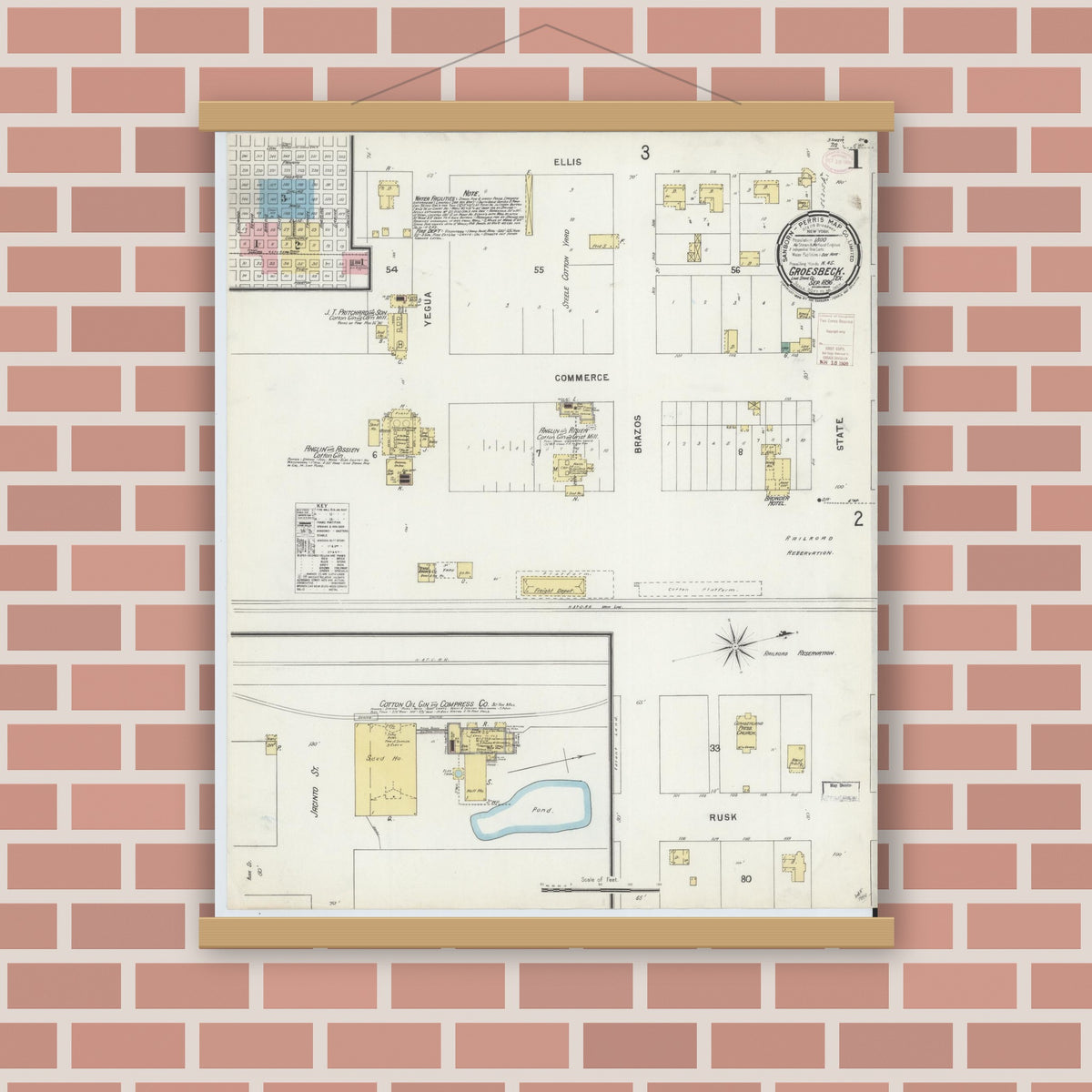Old map wall art mockup — magnetic wood frame on brick wall — Sanborn Fire Insurance Map from Groesbeck, Limestone County, Texas (1896), Sheet #0001