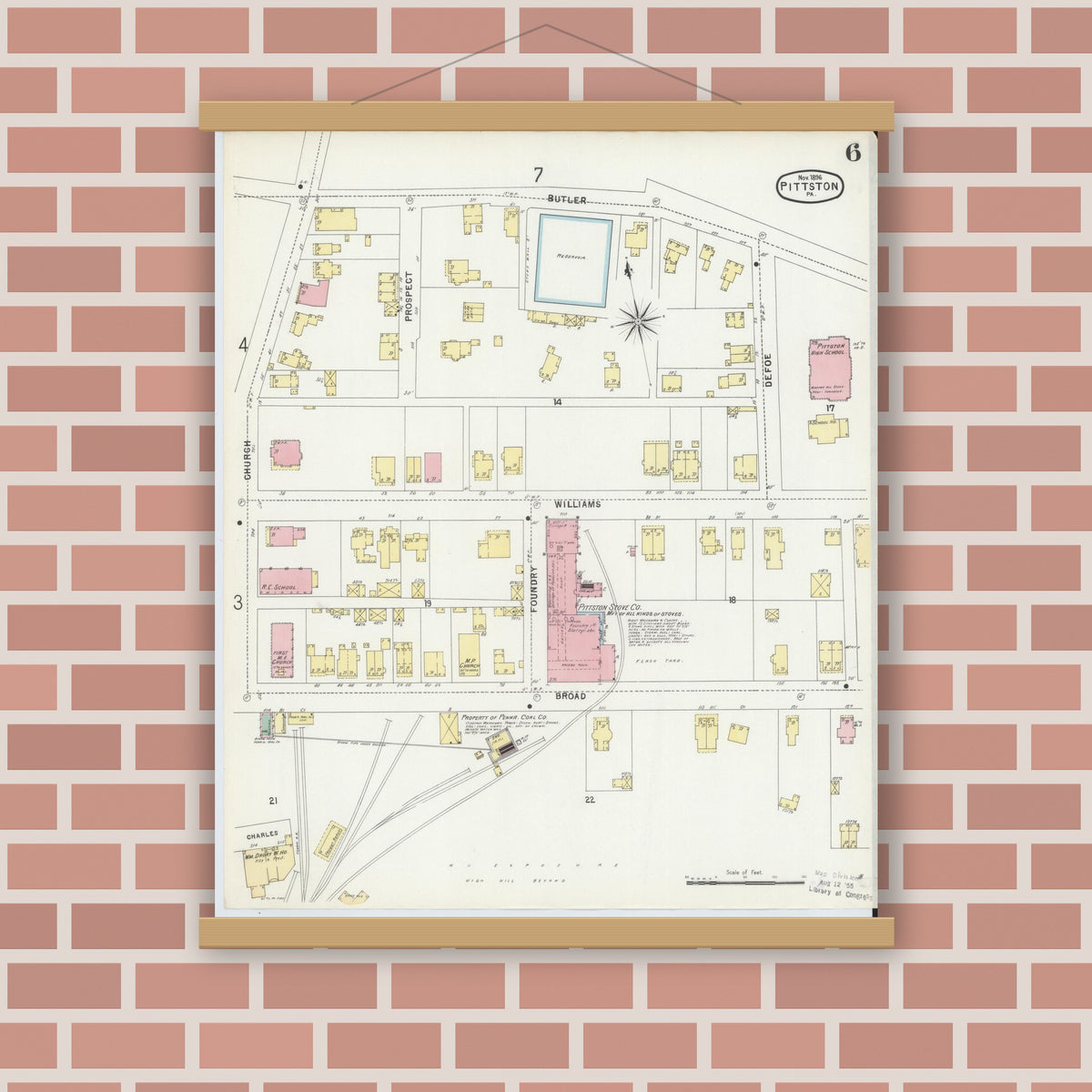 Old map wall art mockup — magnetic wood frame on brick wall — Sanborn Fire Insurance Map from Pittston, Luzerne County, Pennsylvania (1896), Sheet #0006