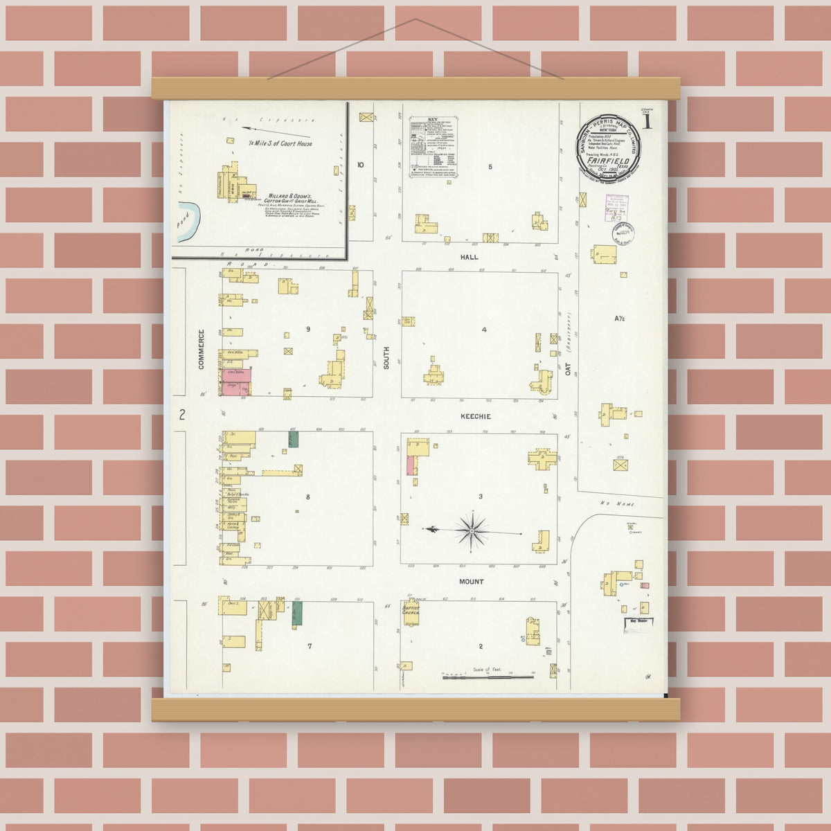 Old map wall art mockup — magnetic wood frame on brick wall — Sanborn Fire Insurance Map from Fairfield, Freestone County, Texas (1901), Sheet #0001