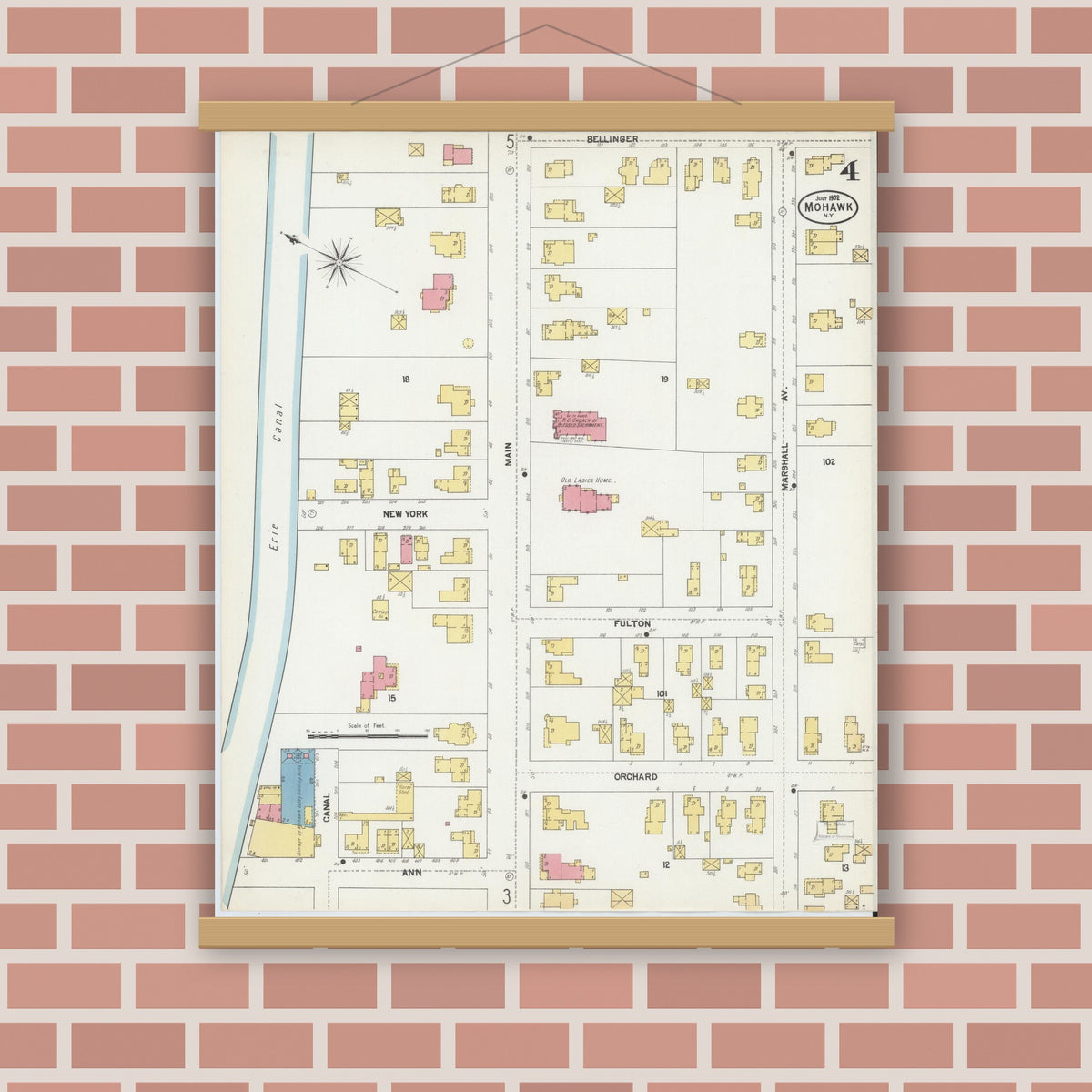 Old map wall art mockup — magnetic wood frame on brick wall — Sanborn Fire Insurance Map from Mohawk, Herkimer County, New York (1902), Sheet #0004