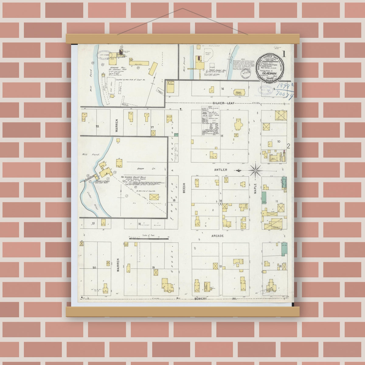 Old map wall art mockup — magnetic wood frame on brick wall — Sanborn Fire Insurance Map from Gladwin, Gladwin County, Michigan (1898), Sheet #0001