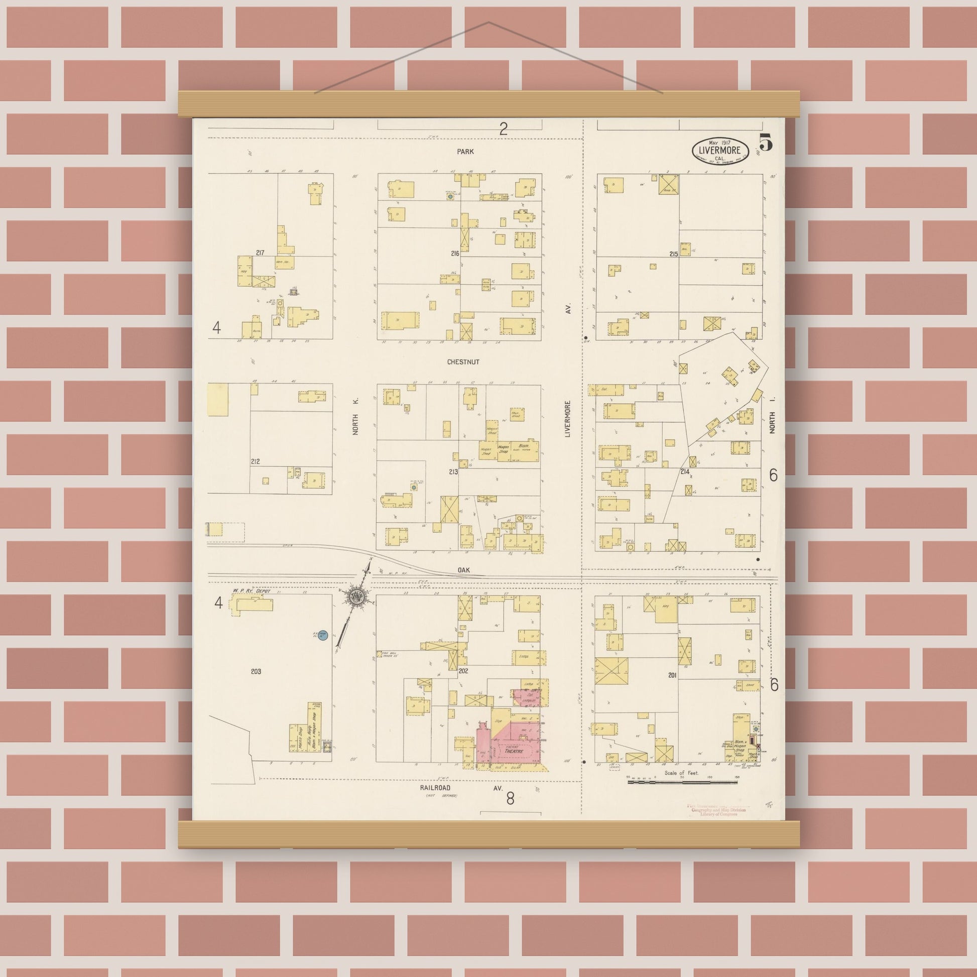 Old map wall art mockup — magnetic wood frame on brick wall — Sanborn Fire Insurance Map from Livermore, Alameda County, California (1917), Sheet #0005