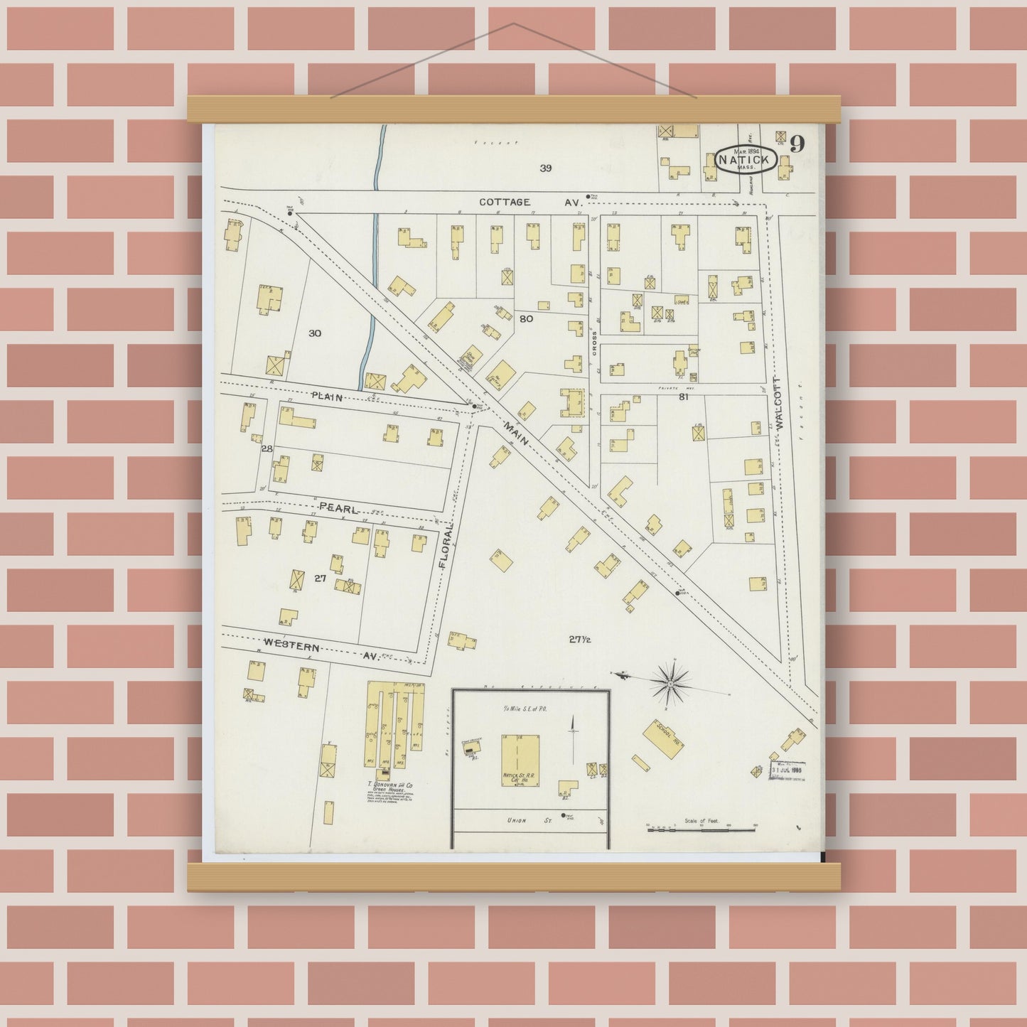Old map wall art mockup — magnetic wood frame on brick wall — Sanborn Fire Insurance Map from Natick, Middlesex County, Massachusetts (1894), Sheet #0009