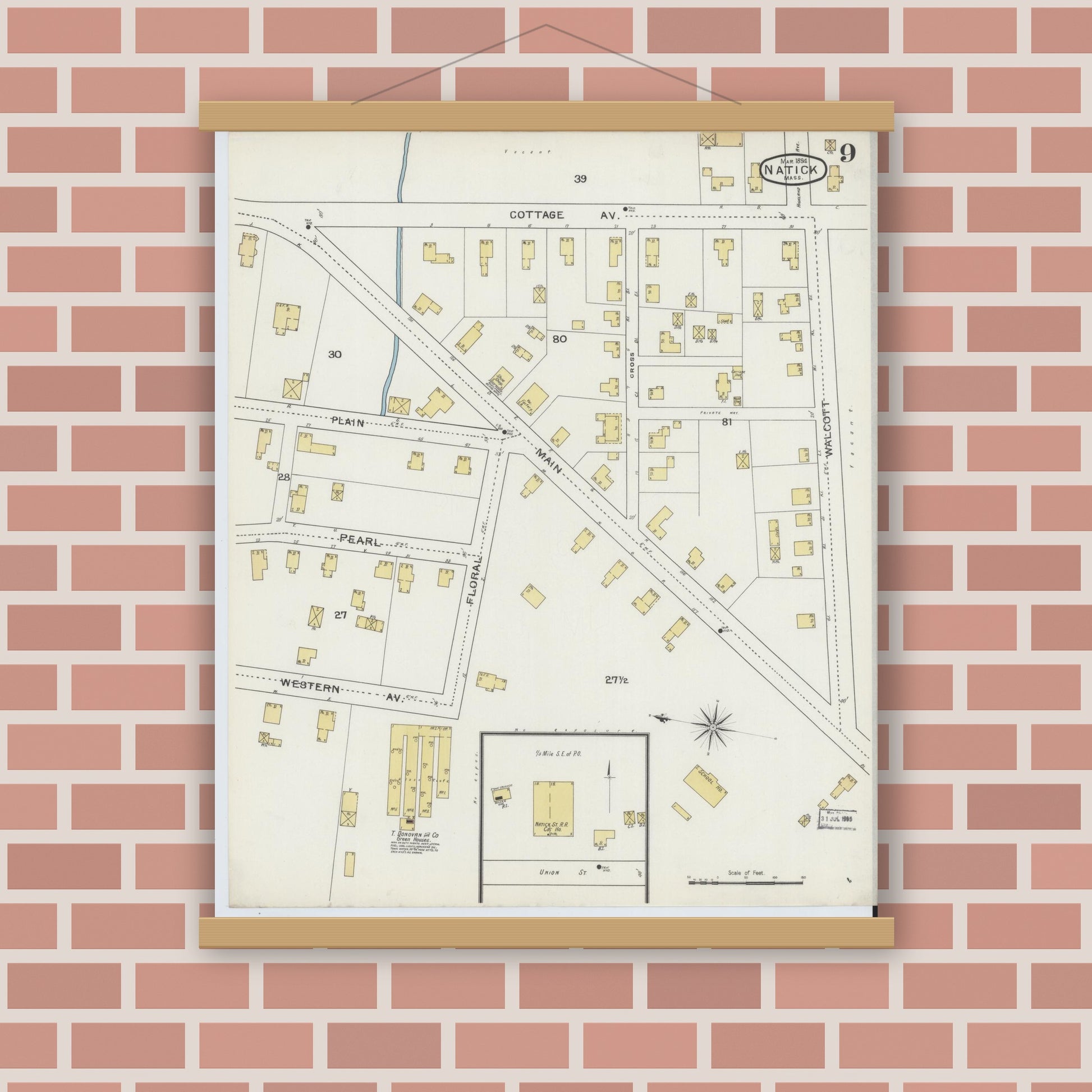 Old map wall art mockup — magnetic wood frame on brick wall — Sanborn Fire Insurance Map from Natick, Middlesex County, Massachusetts (1894), Sheet #0009