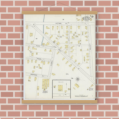 Old map wall art mockup — magnetic wood frame on brick wall — Sanborn Fire Insurance Map from Natick, Middlesex County, Massachusetts (1894), Sheet #0009