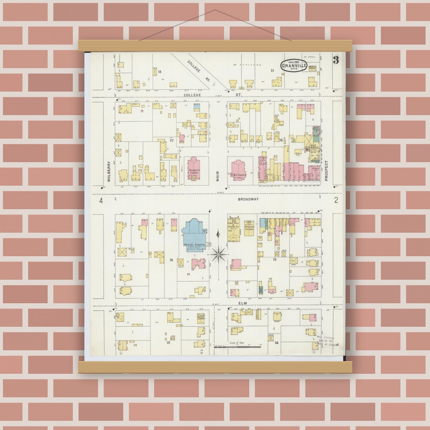 Old map wall art mockup — magnetic wood frame on brick wall — Sanborn Fire Insurance Map from Granville, Licking County, Ohio (1896), Sheet #0003