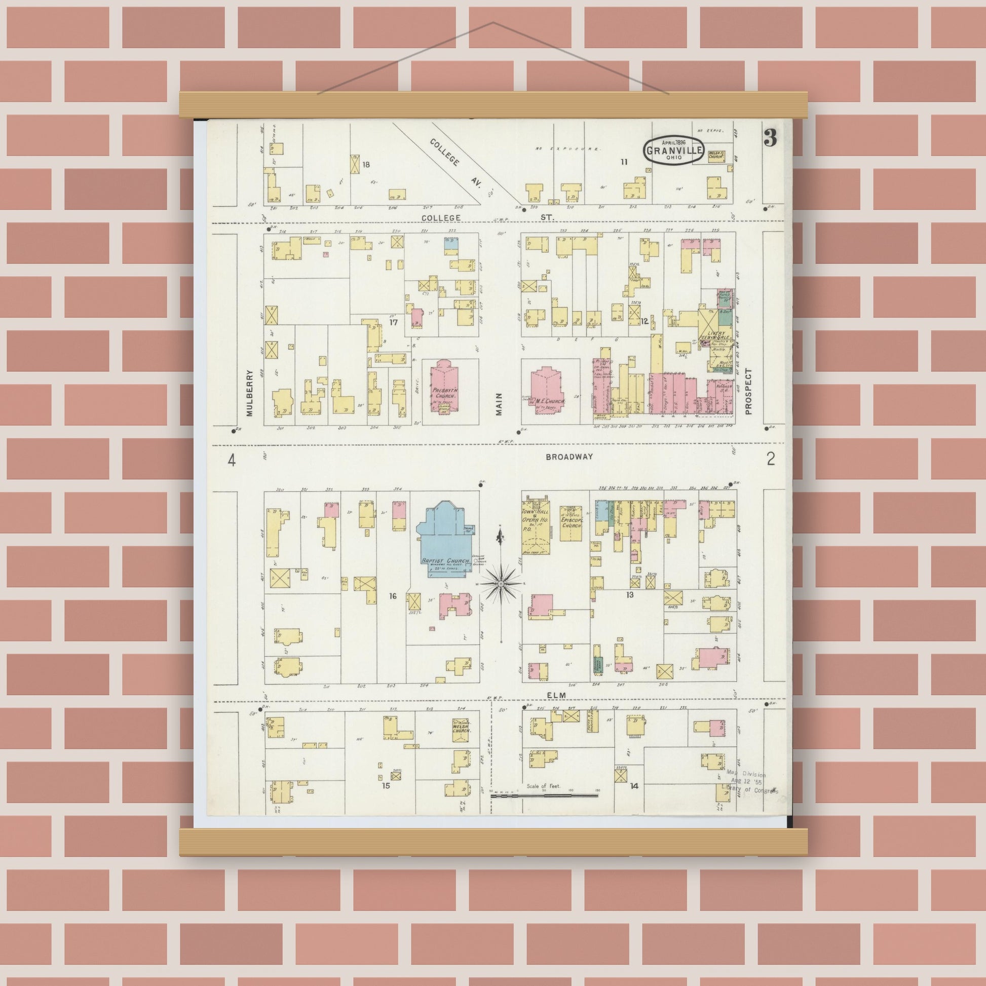 Old map wall art mockup — magnetic wood frame on brick wall — Sanborn Fire Insurance Map from Granville, Licking County, Ohio (1896), Sheet #0003