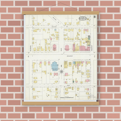Old map wall art mockup — magnetic wood frame on brick wall — Sanborn Fire Insurance Map from Granville, Licking County, Ohio (1896), Sheet #0003