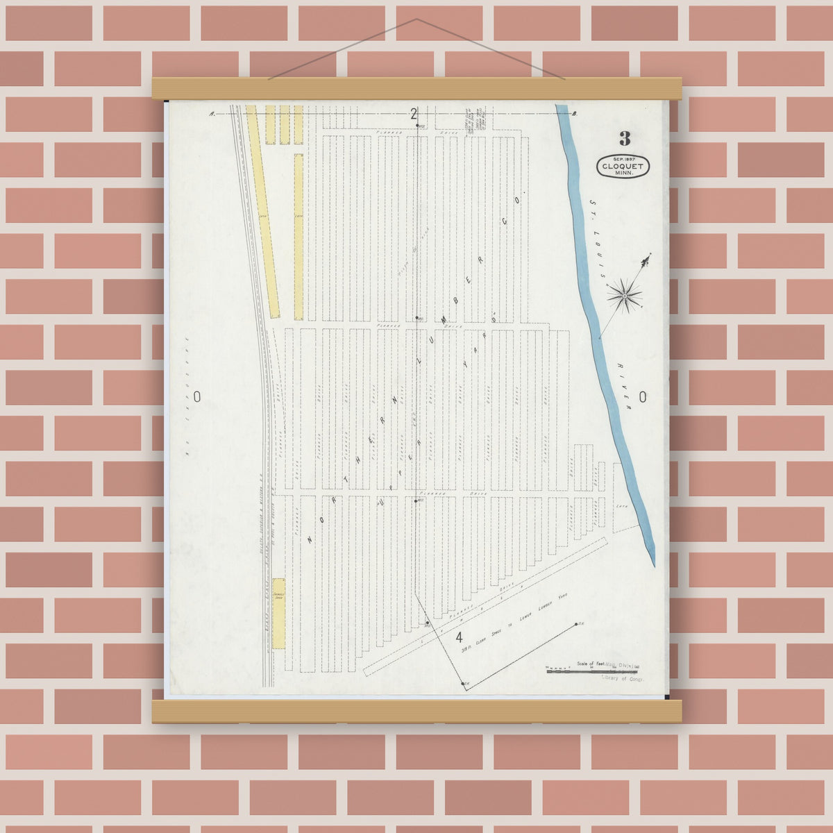 Old map wall art mockup — magnetic wood frame on brick wall — Sanborn Fire Insurance Map from Cloquet, Carlton County, Minnesota (1897), Sheet #0003