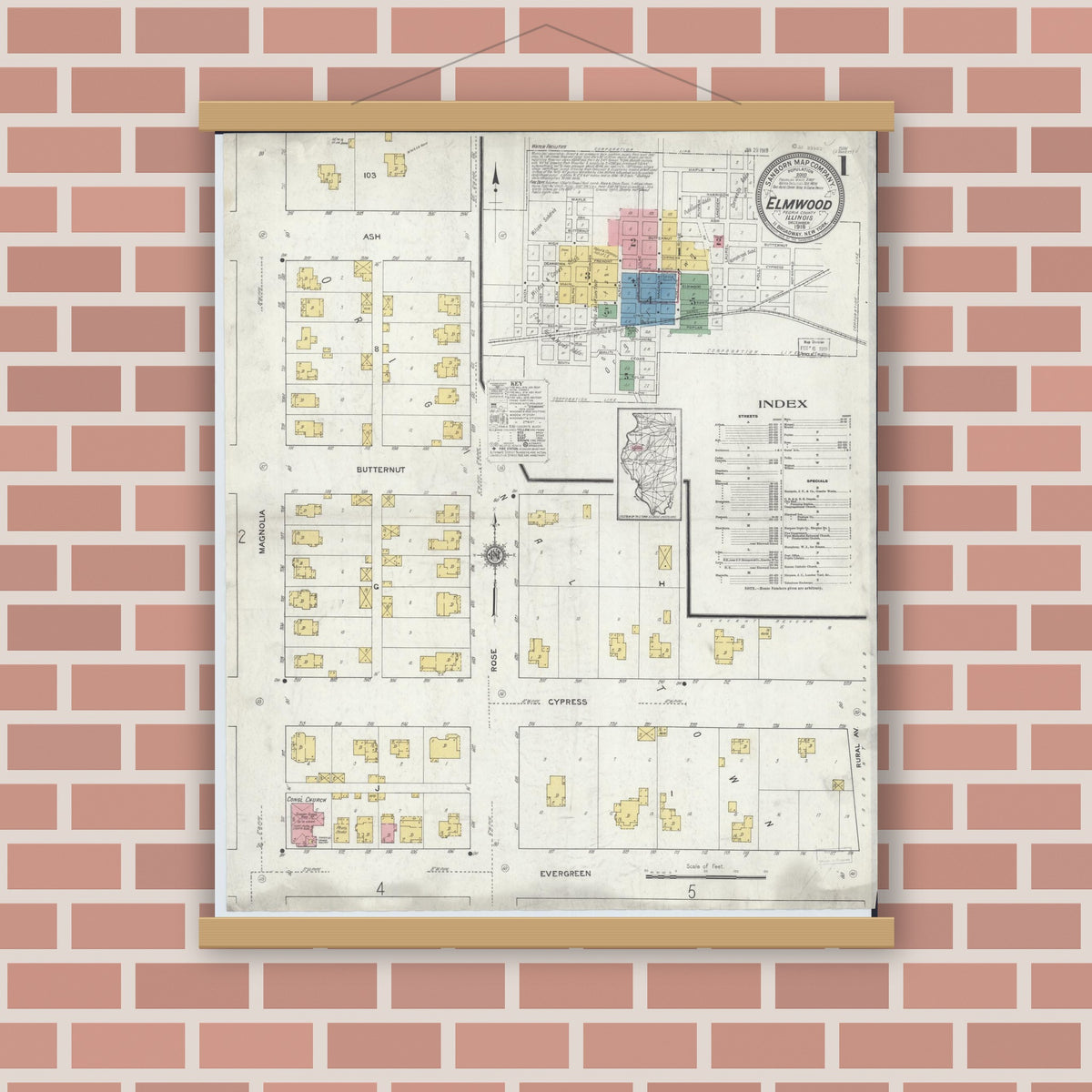 Old map wall art mockup — magnetic wood frame on brick wall — Sanborn Fire Insurance Map from Elmwood, Peoria County, Illinois (1918), Sheet #0001
