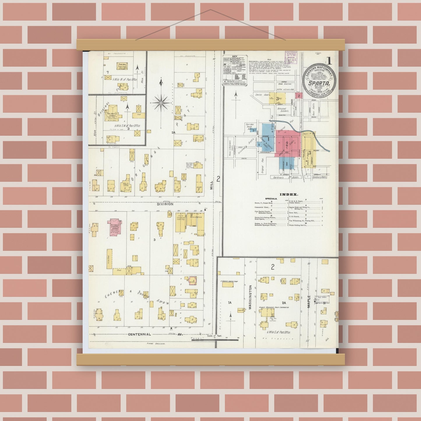 Old map wall art mockup — magnetic wood frame on brick wall — Sanborn Fire Insurance Map from Sparta, Kent County, Michigan (1904) - Complete Map Set