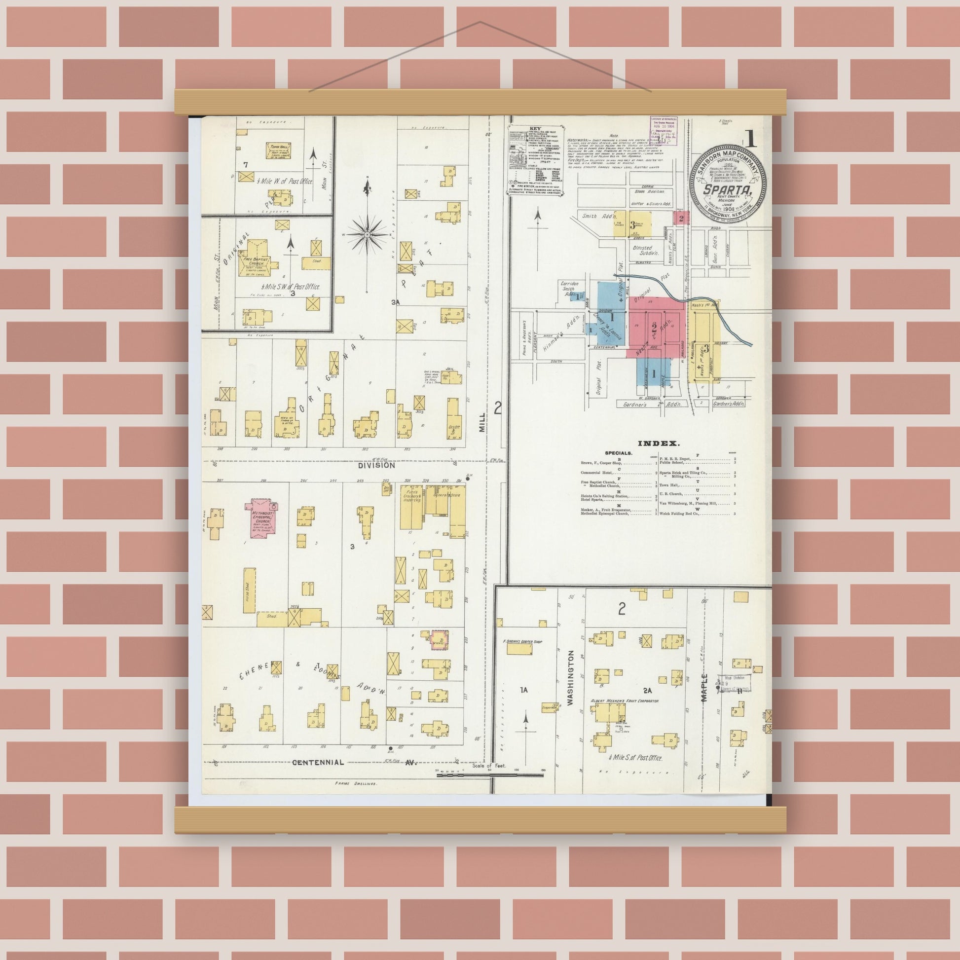 Old map wall art mockup — magnetic wood frame on brick wall — Sanborn Fire Insurance Map from Sparta, Kent County, Michigan (1904) - Complete Map Set