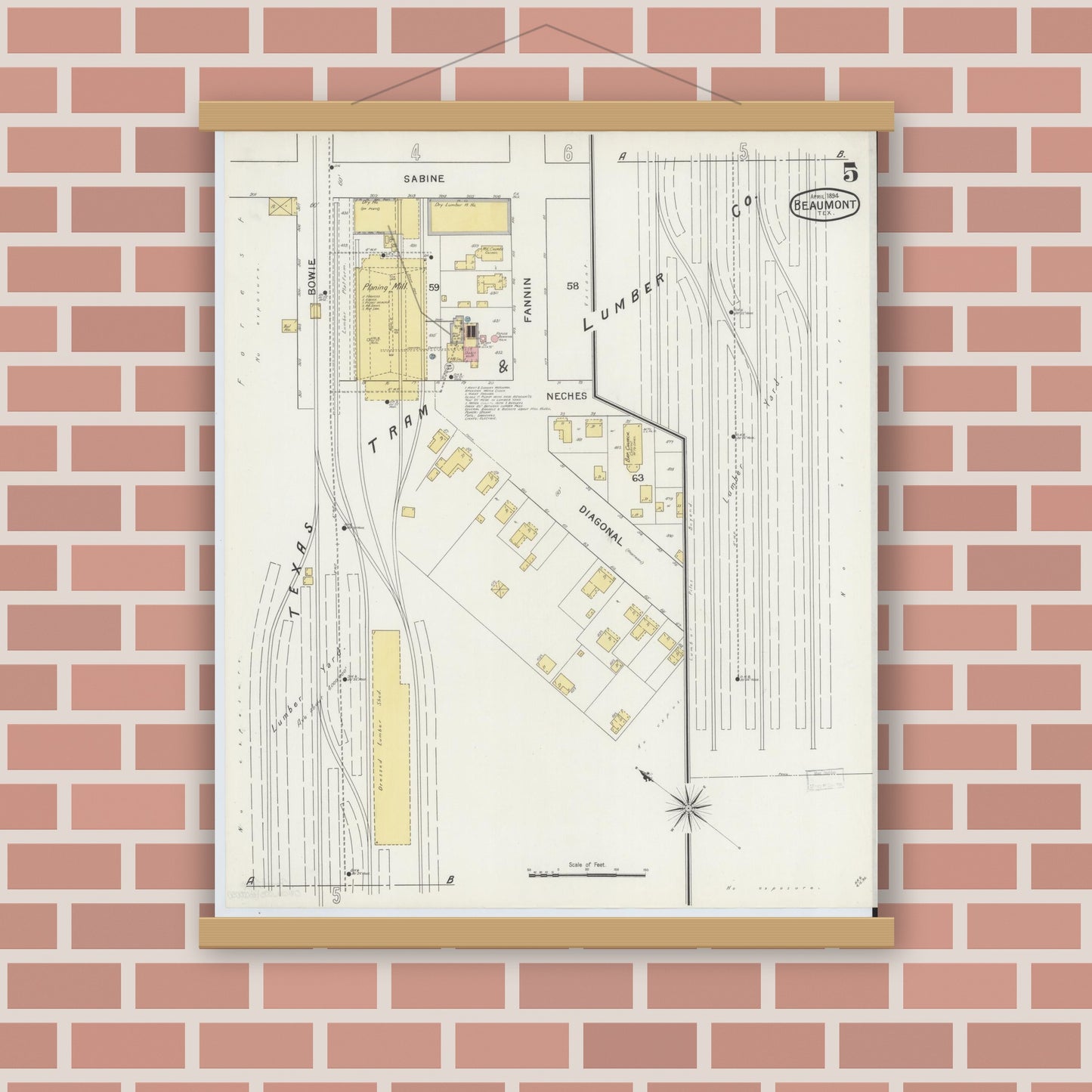 Old map wall art mockup — magnetic wood frame on brick wall — Sanborn Fire Insurance Map from Beaumont, Jefferson County, Texas (1894), Sheet #0005