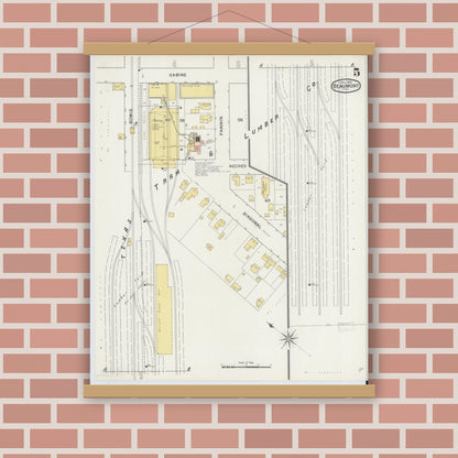 Old map wall art mockup — magnetic wood frame on brick wall — Sanborn Fire Insurance Map from Beaumont, Jefferson County, Texas (1894), Sheet #0005