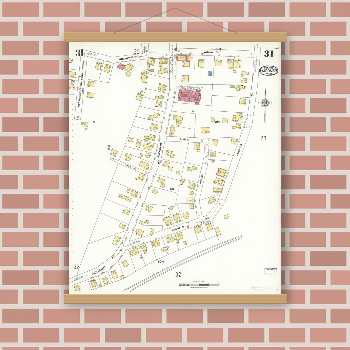 Old map wall art mockup — magnetic wood frame on brick wall — Sanborn Fire Insurance Map from Gardner, Worcester County, Massachusetts (1923), Sheet #0031