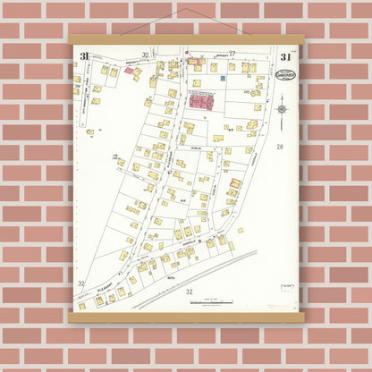 Old map wall art mockup — magnetic wood frame on brick wall — Sanborn Fire Insurance Map from Gardner, Worcester County, Massachusetts (1923), Sheet #0031