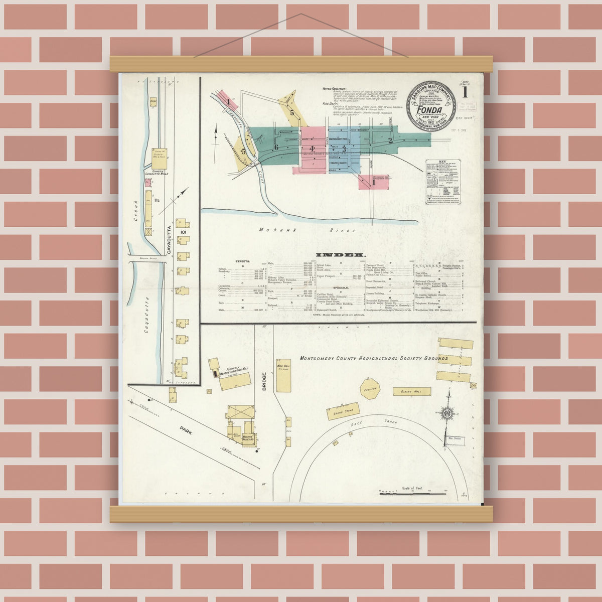 Old map wall art mockup — magnetic wood frame on brick wall — Sanborn Fire Insurance Map from Fonda, Montgomery County, New York (1912) - Complete Map Set