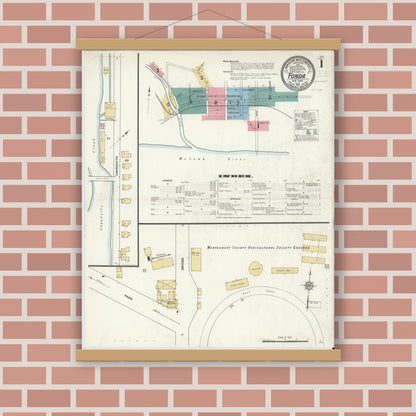 Old map wall art mockup — magnetic wood frame on brick wall — Sanborn Fire Insurance Map from Fonda, Montgomery County, New York (1912) - Complete Map Set