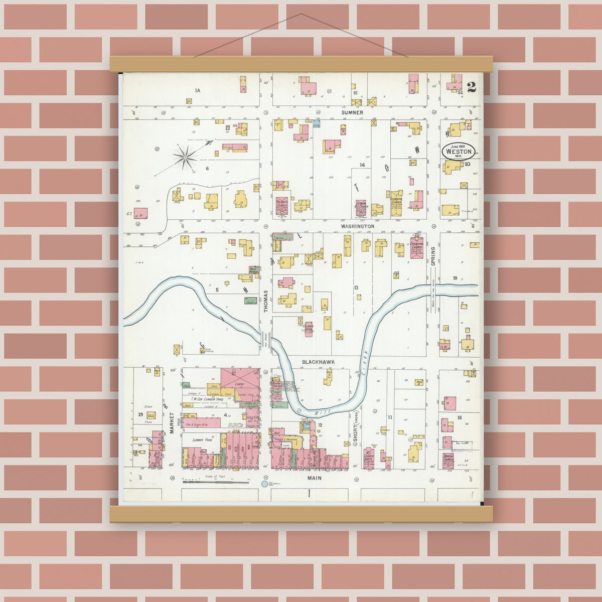 Old map wall art mockup — magnetic wood frame on brick wall — Sanborn Fire Insurance Map from Weston, Platte County, Missouri (1900), Sheet #0002