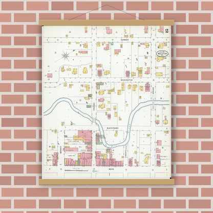 Old map wall art mockup — magnetic wood frame on brick wall — Sanborn Fire Insurance Map from Weston, Platte County, Missouri (1900), Sheet #0002