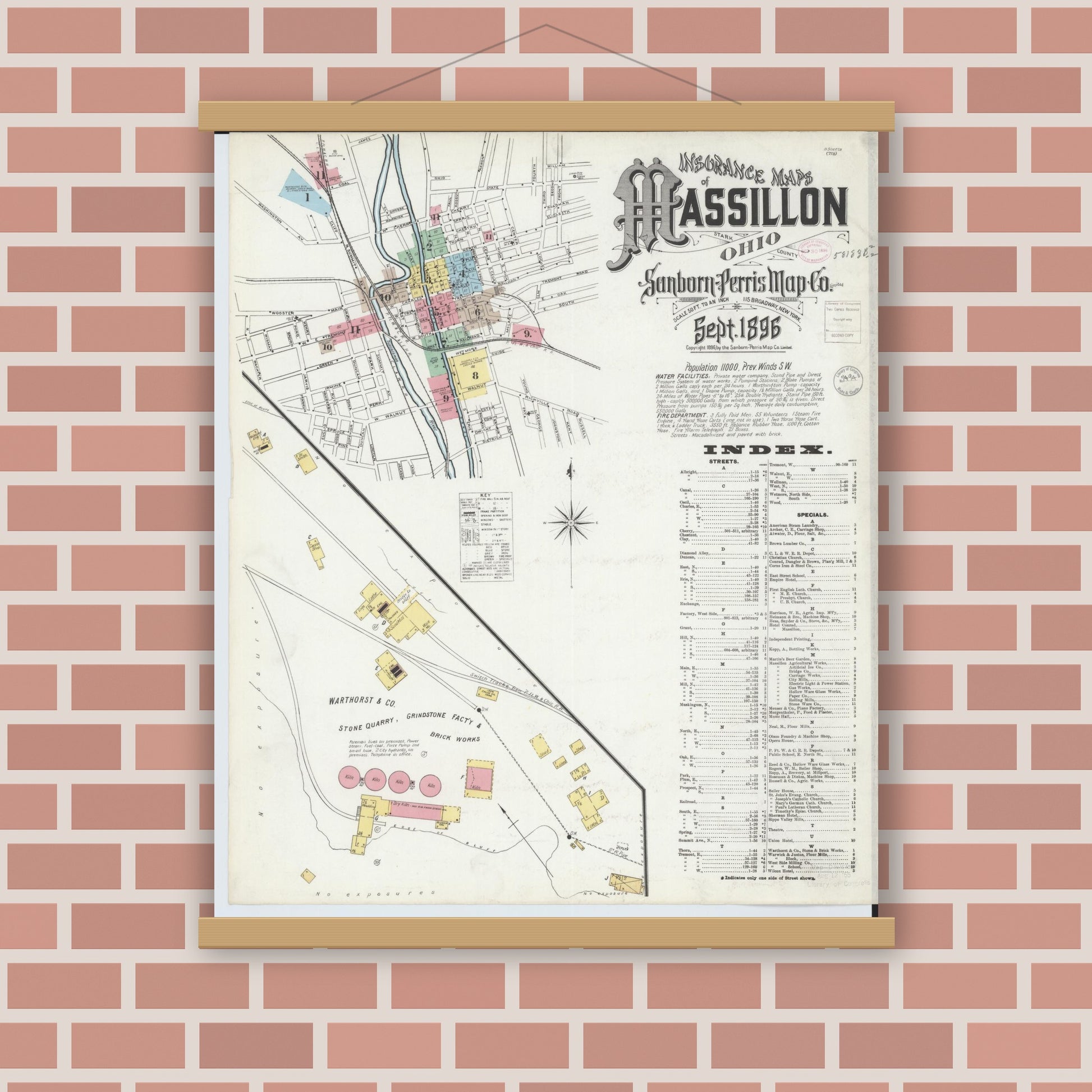Old map wall art mockup — magnetic wood frame on brick wall — Sanborn Fire Insurance Map from Massillon, Stark County, Ohio (1896), Sheet #0001