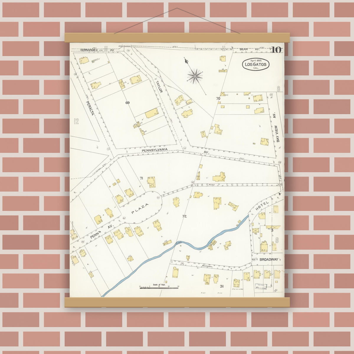 Old map wall art mockup — magnetic wood frame on brick wall — Sanborn Fire Insurance Map from Los Gatos, Santa Clara County, California (1895), Sheet #0010