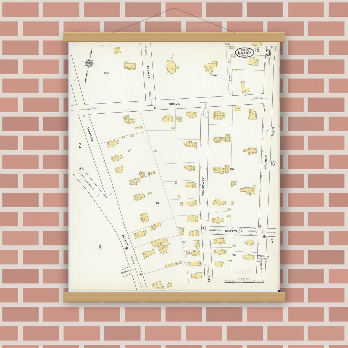 Old map wall art mockup — magnetic wood frame on brick wall — Sanborn Fire Insurance Map from Natick, Middlesex County, Massachusetts (1915), Sheet #0003