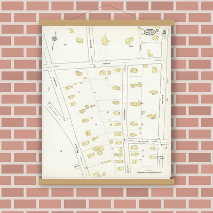 Old map wall art mockup — magnetic wood frame on brick wall — Sanborn Fire Insurance Map from Natick, Middlesex County, Massachusetts (1915), Sheet #0003
