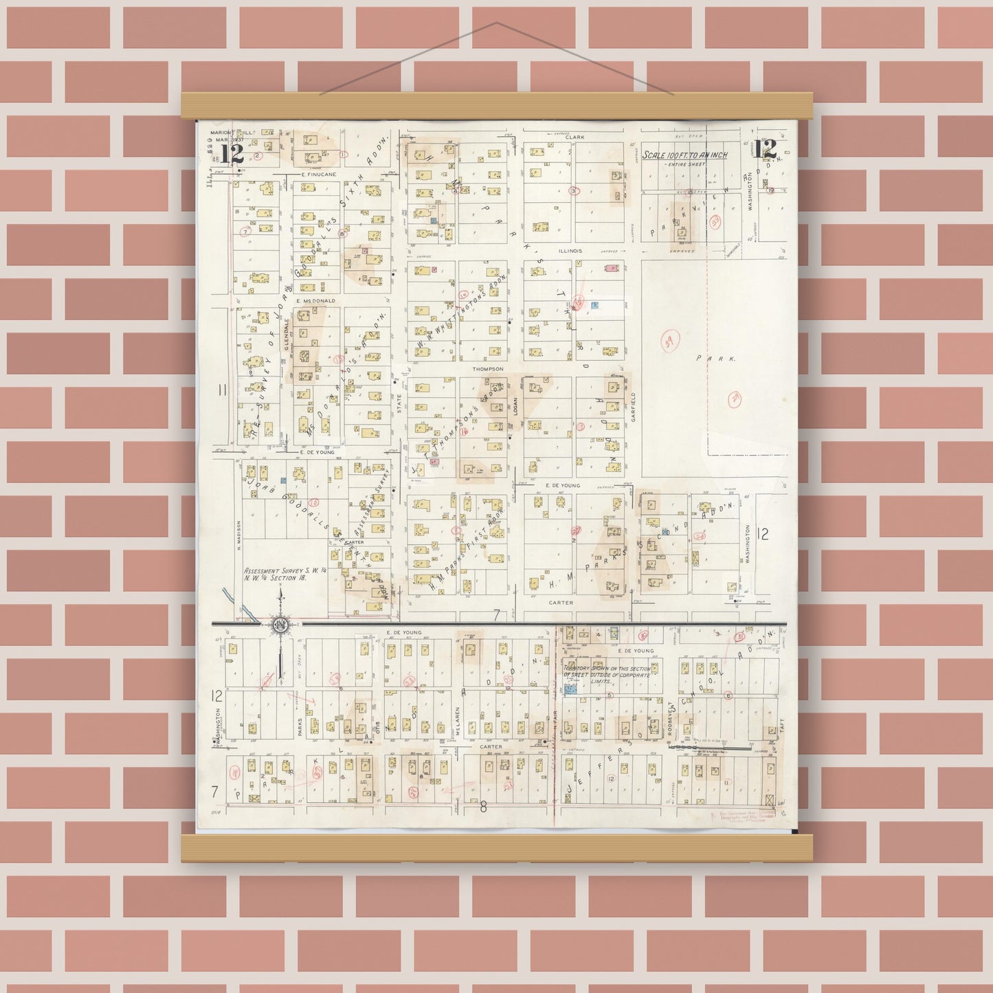Old map wall art mockup — magnetic wood frame on brick wall — Sanborn Fire Insurance Map from Marion, Williamson County, Illinois (1946), Sheet #0012