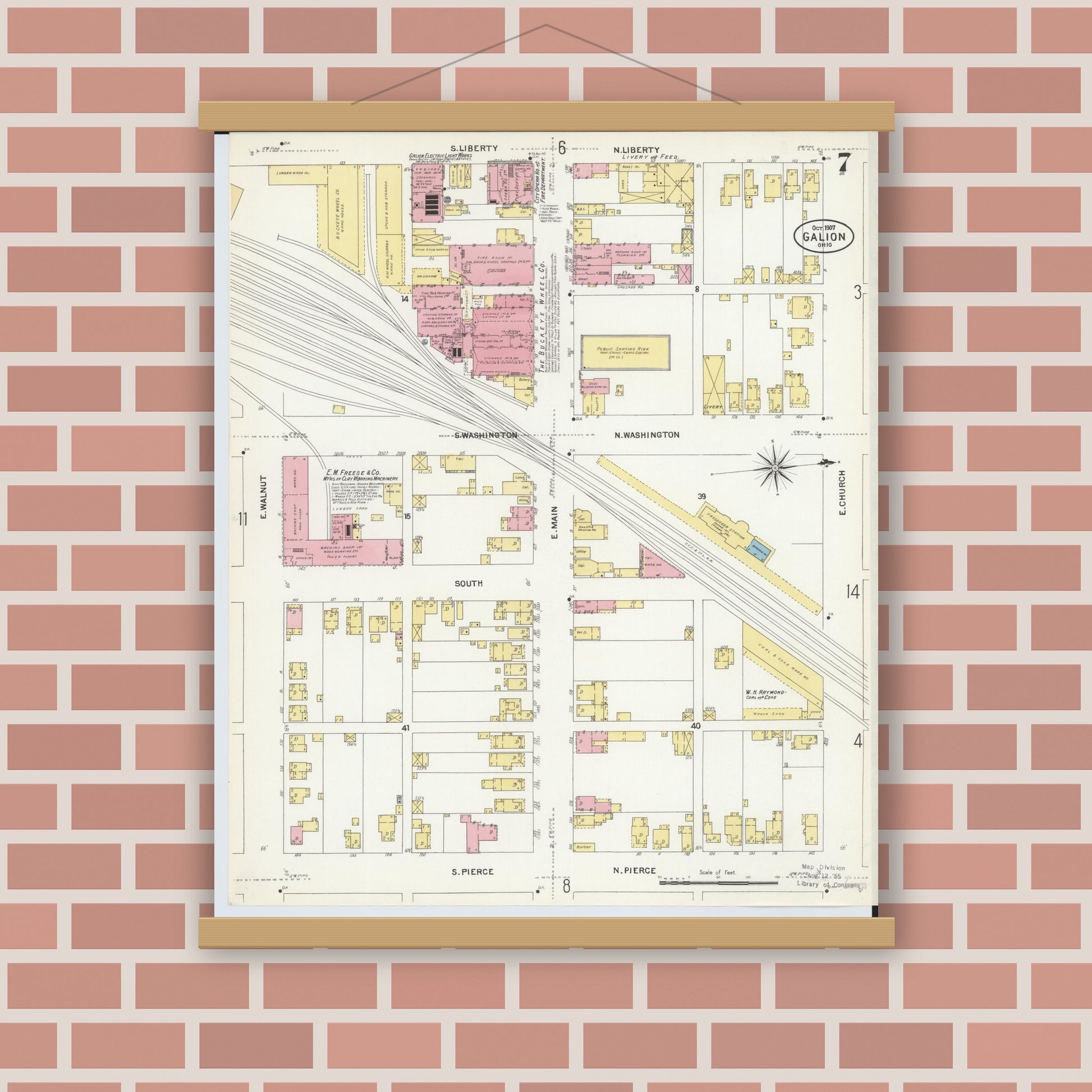Old map wall art mockup — magnetic wood frame on brick wall — Sanborn Fire Insurance Map from Galion, Crawford County, Ohio (1907), Sheet #0007