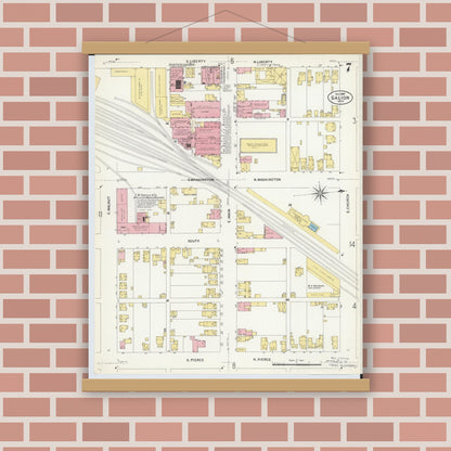 Old map wall art mockup — magnetic wood frame on brick wall — Sanborn Fire Insurance Map from Galion, Crawford County, Ohio (1907), Sheet #0007