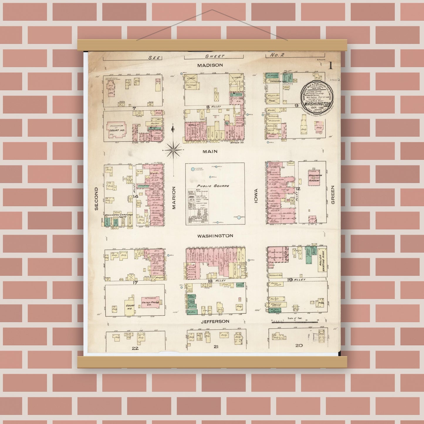 Old map wall art mockup — magnetic wood frame on brick wall — Sanborn Fire Insurance Map from Washington, Washington County, Iowa (1885) â€” Complete Set