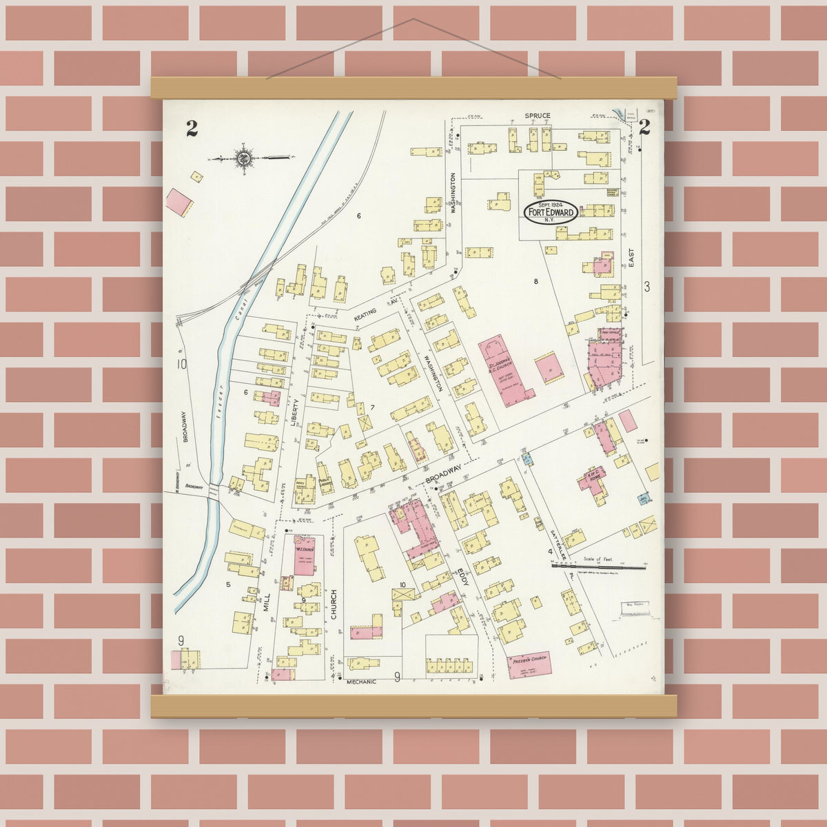 Old map wall art mockup — magnetic wood frame on brick wall — Sanborn Fire Insurance Map from Fort Edward, Washington County, New York (1924) - Complete Map Set