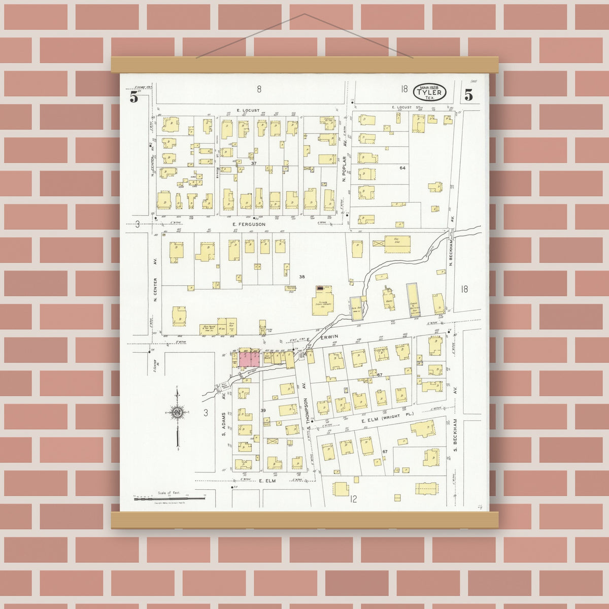 Old map wall art mockup — magnetic wood frame on brick wall — Sanborn Fire Insurance Map from Tyler, Smith County, Texas (1928), Sheet #0005