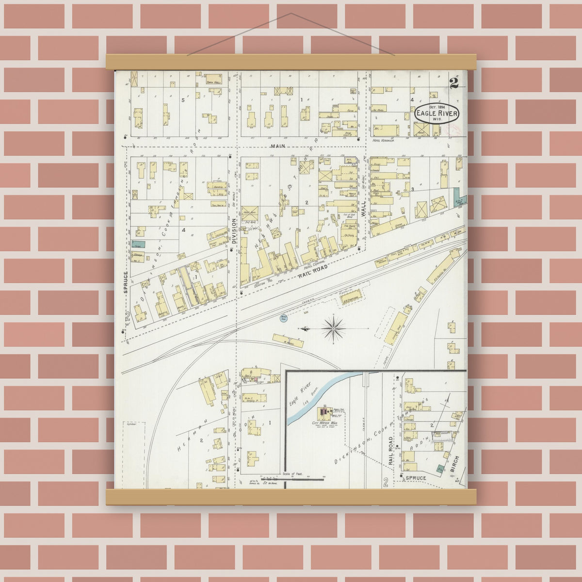Old map wall art mockup — magnetic wood frame on brick wall — Sanborn Fire Insurance Map from Eagle River, Vilas County, Wisconsin (1894), Sheet #0002