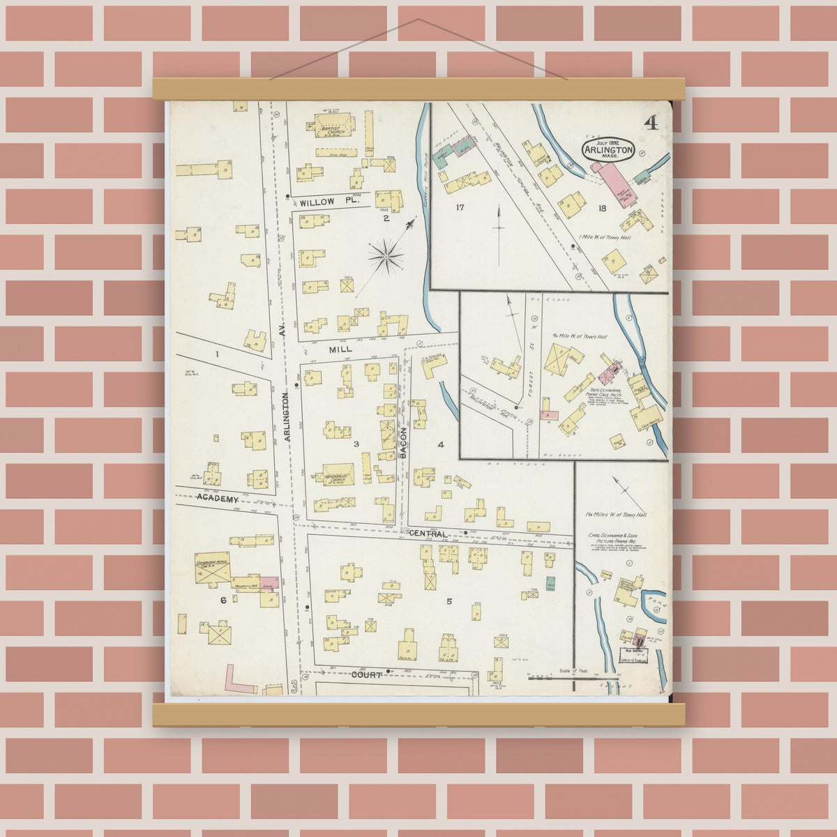 Old map wall art mockup — magnetic wood frame on brick wall — Sanborn Fire Insurance Map from Arlington, Middlesex County, Massachusetts (1892), Sheet #0004