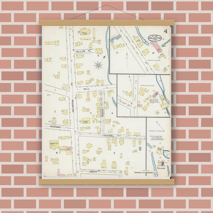 Old map wall art mockup — magnetic wood frame on brick wall — Sanborn Fire Insurance Map from Arlington, Middlesex County, Massachusetts (1892), Sheet #0004