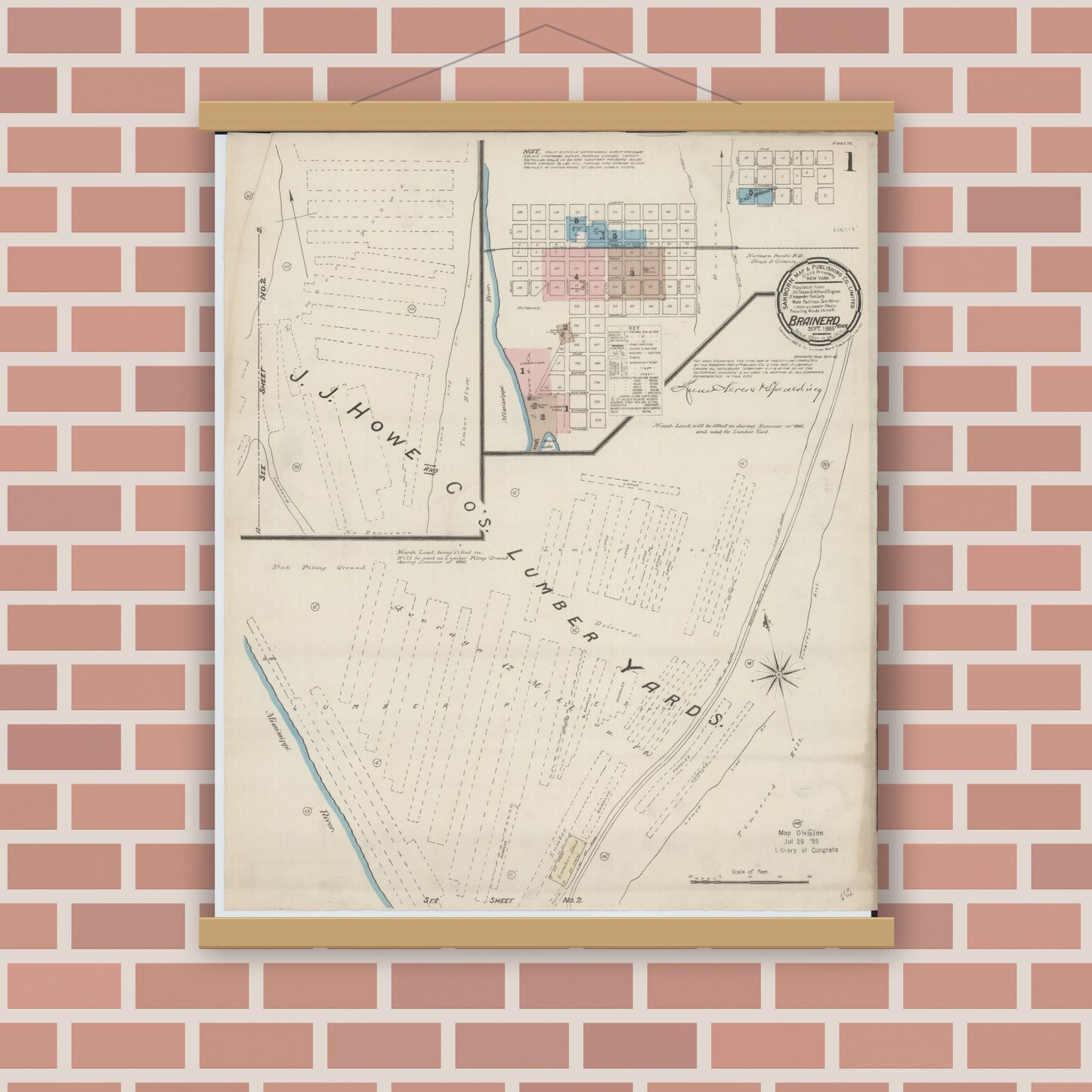 Old map wall art mockup — magnetic wood frame on brick wall — Sanborn Fire Insurance Map from Brainerd, Crow Wing County, Minnesota (1885) - Complete Map Set